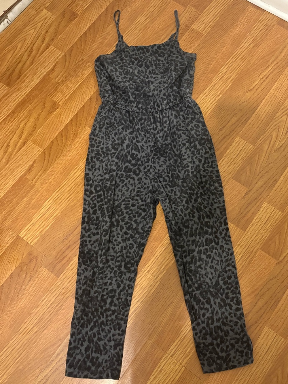Old Navy Charcoal Leopard Print Spaghetti-Strap Jumpsuit